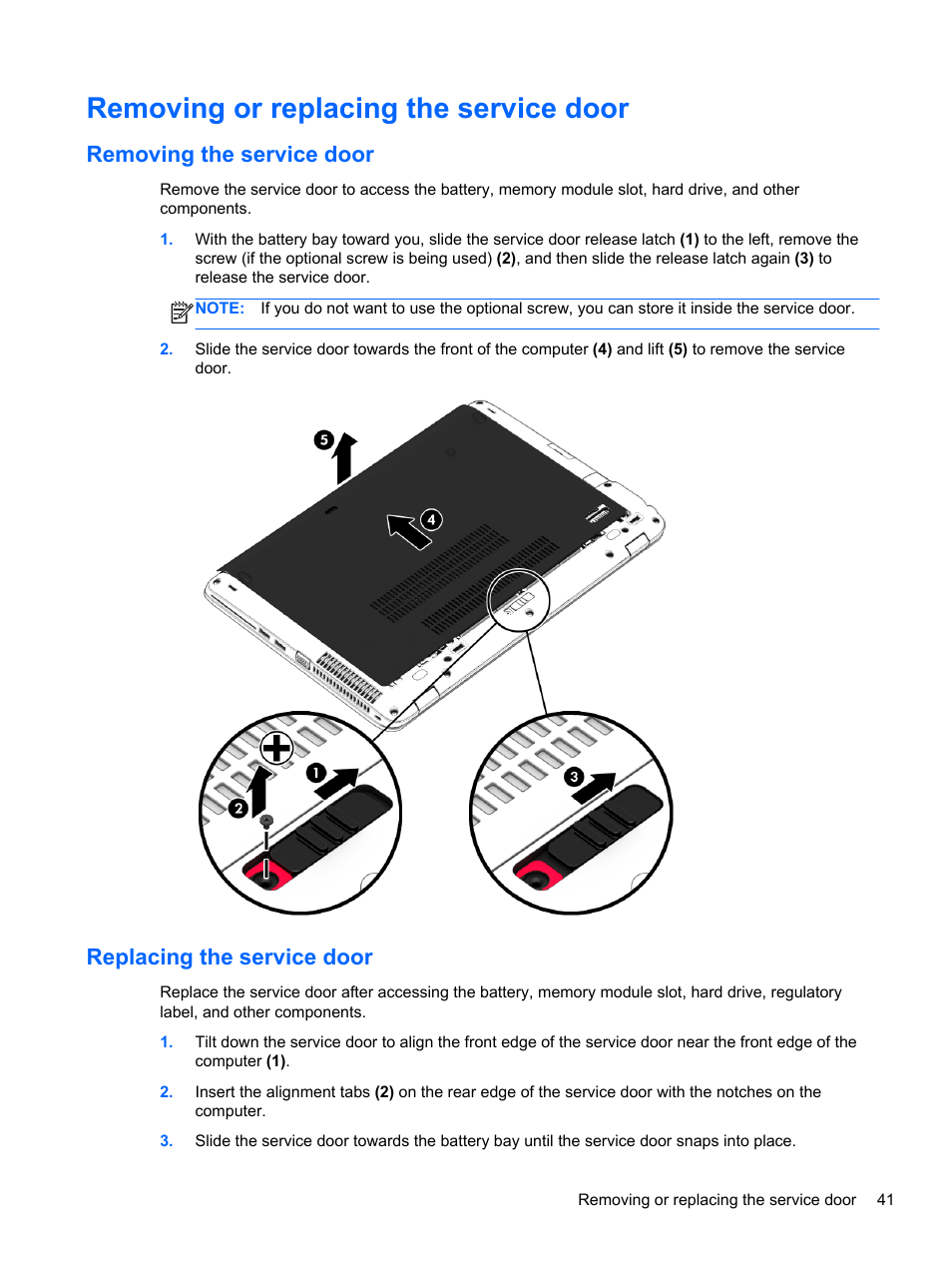 Removing or replacing the service door, Removing the service door, Replacing the service door | HP EliteBook 850 G1 Notebook PC User Manual | Page 51 / 90