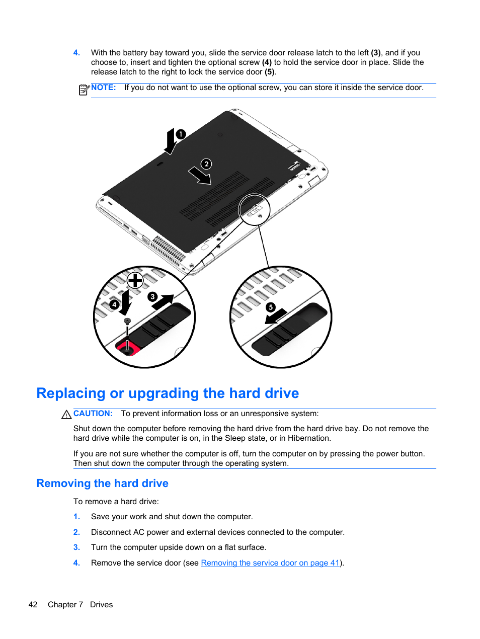 Replacing or upgrading the hard drive, Removing the hard drive | HP EliteBook 850 G1 Notebook PC User Manual | Page 52 / 90
