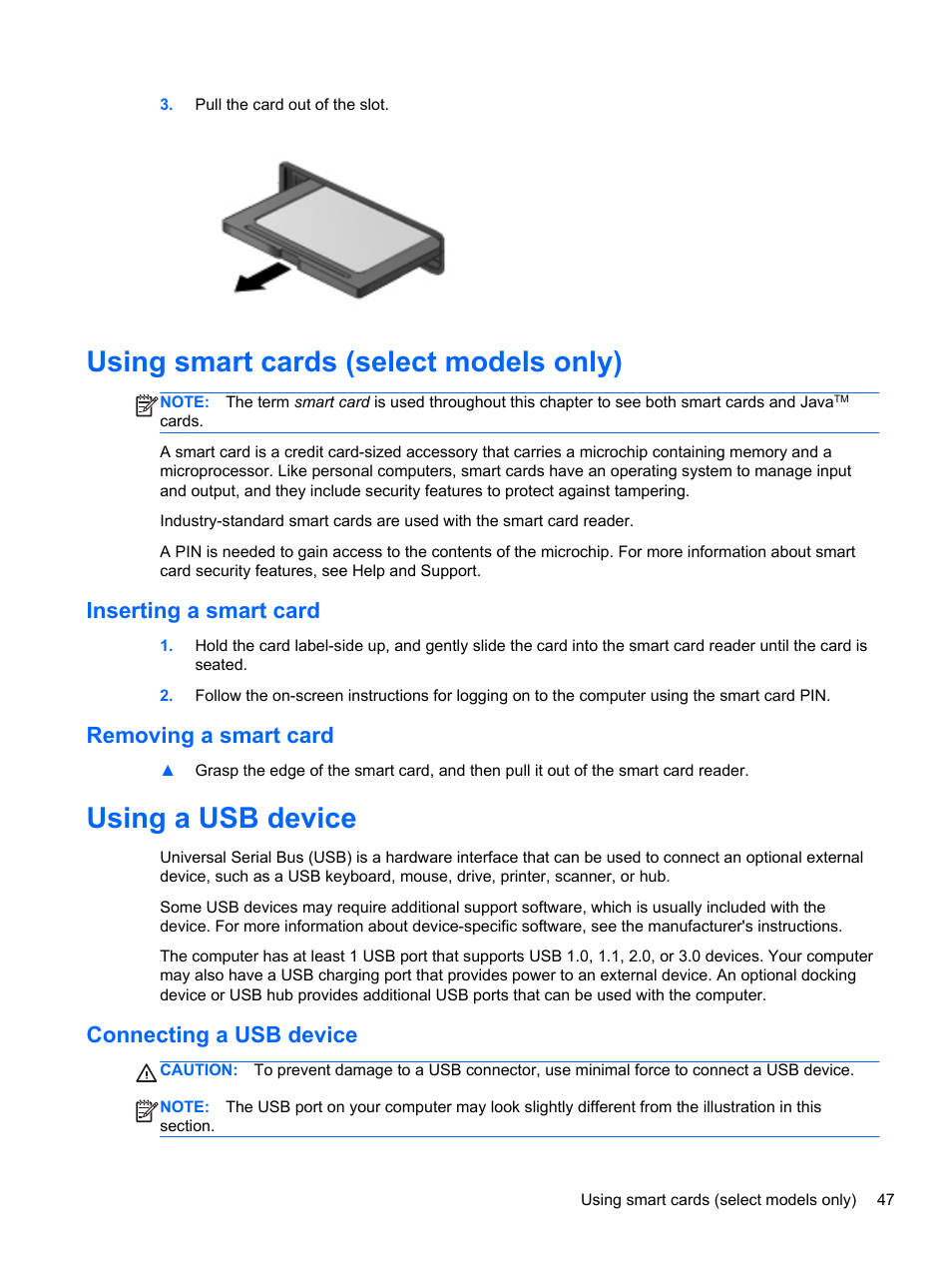 Using smart cards (select models only), Inserting a smart card, Removing a smart card | Using a usb device, Connecting a usb device, Inserting a smart card removing a smart card | HP EliteBook 850 G1 Notebook PC User Manual | Page 57 / 90