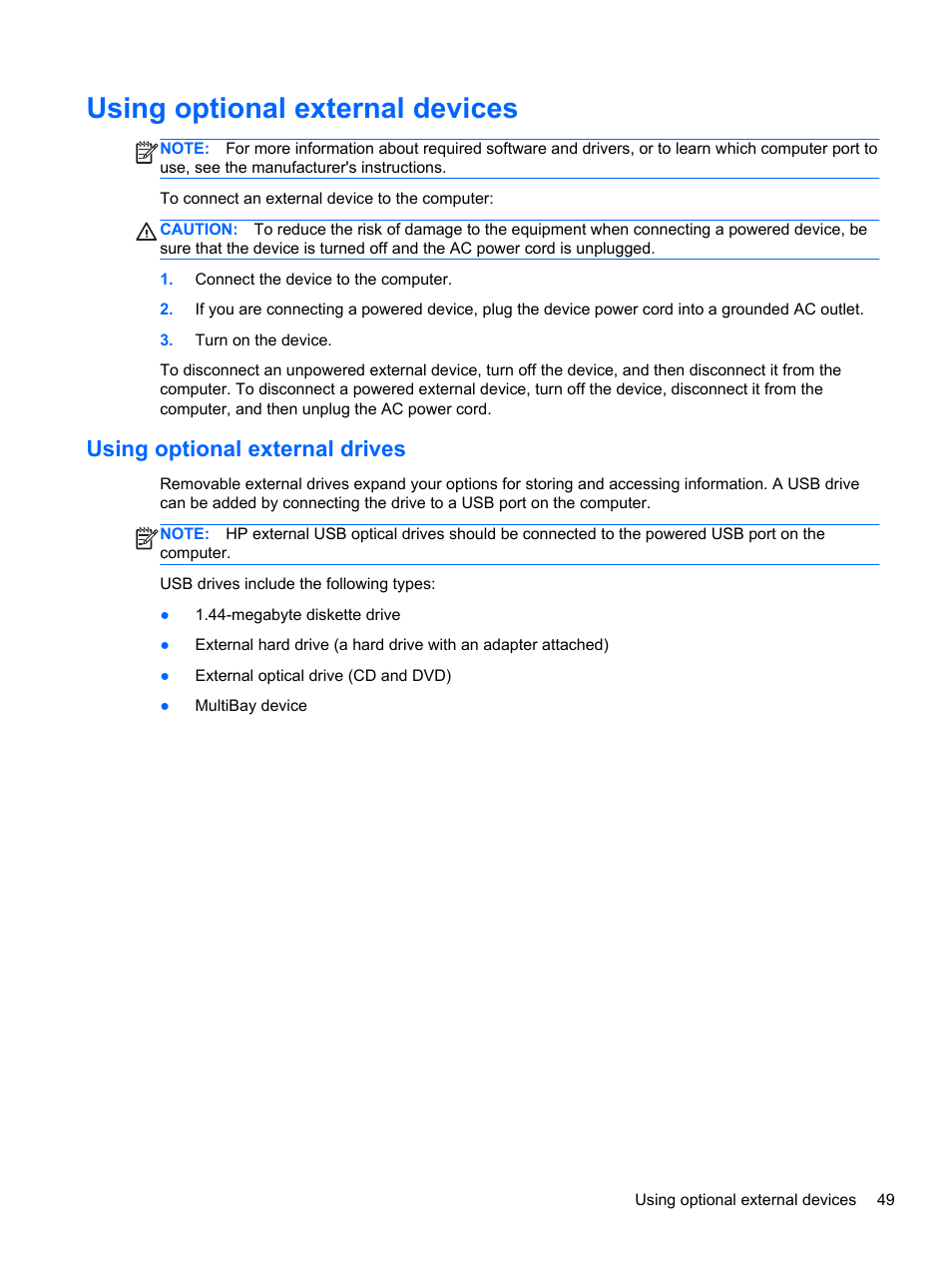 Using optional external devices, Using optional external drives | HP EliteBook 850 G1 Notebook PC User Manual | Page 59 / 90