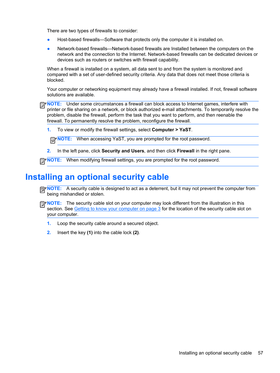 Installing an optional security cable | HP EliteBook 850 G1 Notebook PC User Manual | Page 67 / 90