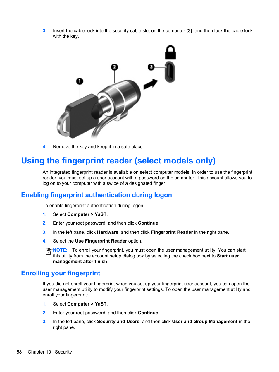 Using the fingerprint reader (select models only), Enabling fingerprint authentication during logon, Enrolling your fingerprint | HP EliteBook 850 G1 Notebook PC User Manual | Page 68 / 90