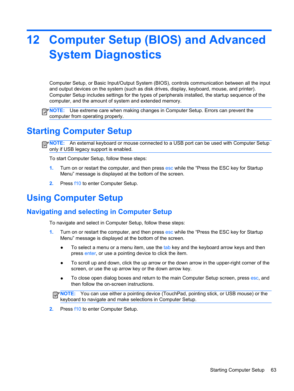 Starting computer setup, Using computer setup, Navigating and selecting in computer setup | Starting computer setup using computer setup | HP EliteBook 850 G1 Notebook PC User Manual | Page 73 / 90