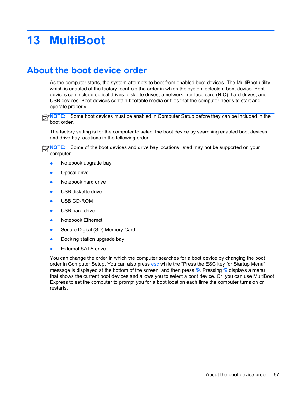 Multiboot, About the boot device order, 13 multiboot | HP EliteBook 850 G1 Notebook PC User Manual | Page 77 / 90