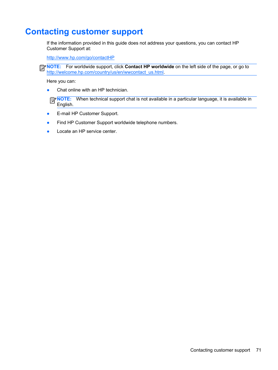 Contacting customer support | HP EliteBook 850 G1 Notebook PC User Manual | Page 81 / 90