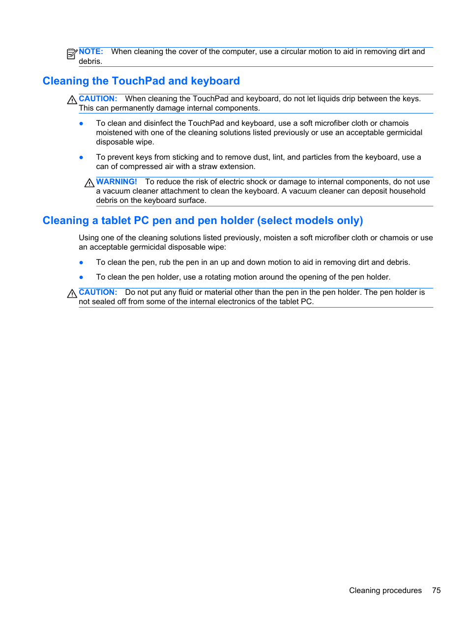Cleaning the touchpad and keyboard | HP EliteBook 850 G1 Notebook PC User Manual | Page 85 / 90