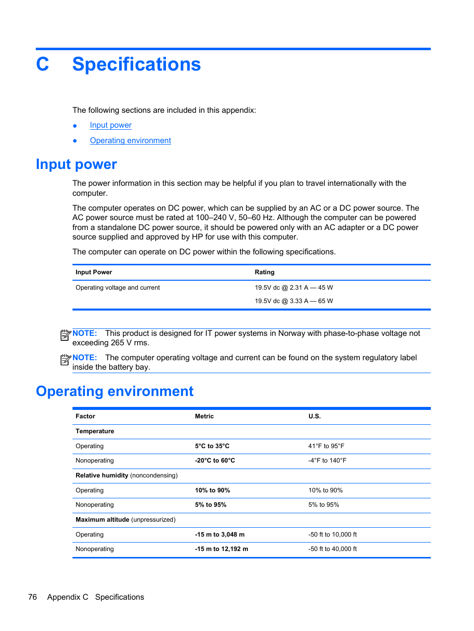 Specifications, Input power, Operating environment | Appendix c specifications, Input power operating environment, Cspecifications | HP EliteBook 850 G1 Notebook PC User Manual | Page 86 / 90