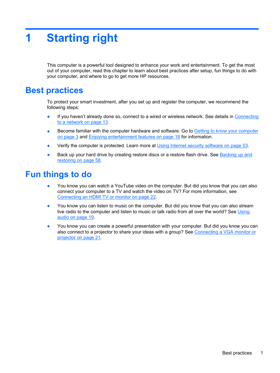 Starting right, Best practices, Fun things to do | 1 starting right, Best practices fun things to do, 1starting right | HP Pavilion g4-2149se Notebook PC User Manual | Page 11 / 81