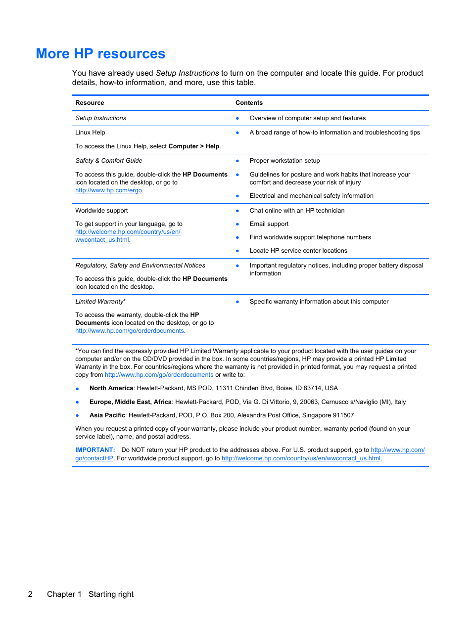 More hp resources, 2chapter 1 starting right | HP Pavilion g4-2149se Notebook PC User Manual | Page 12 / 81