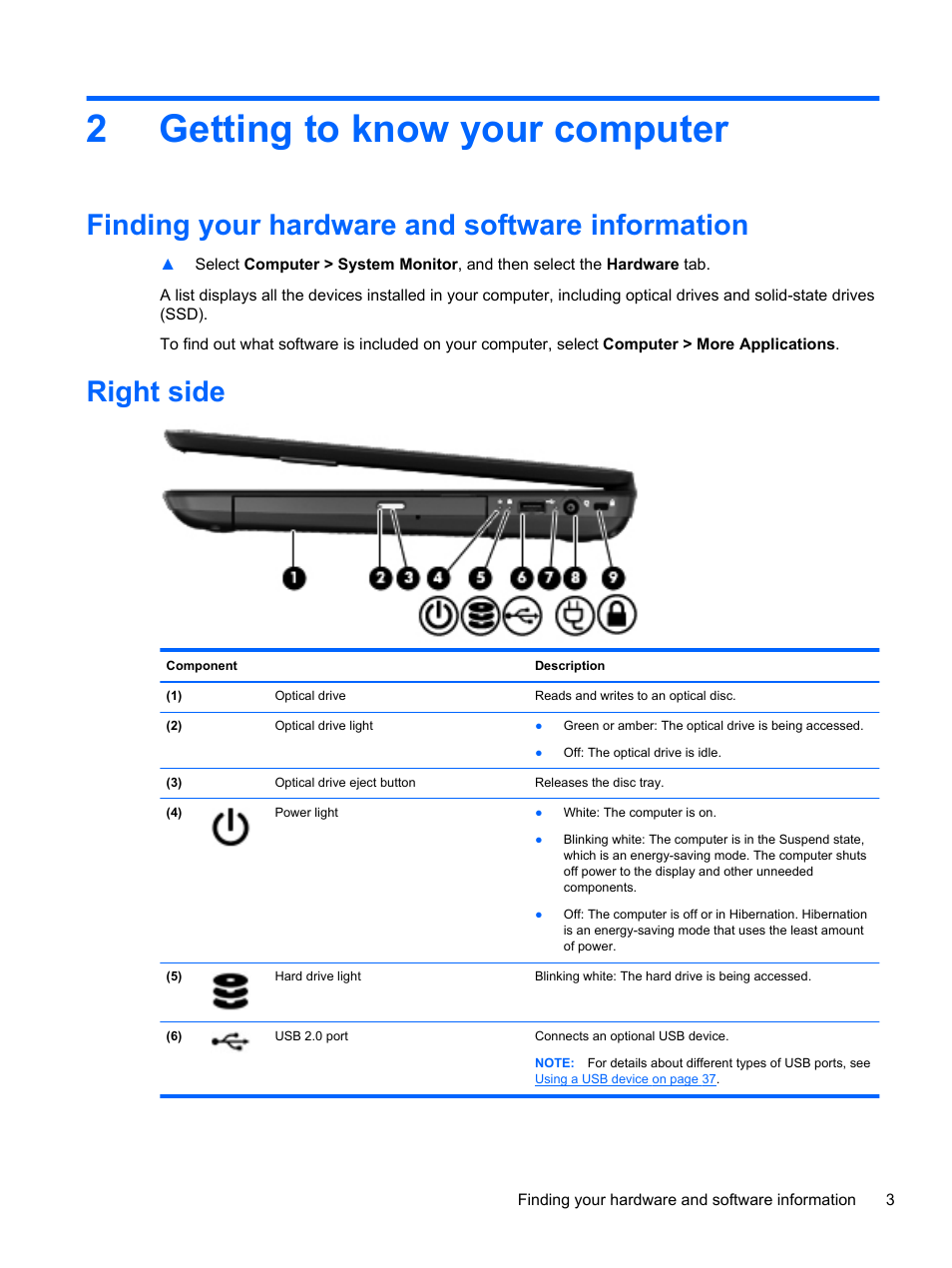 Getting to know your computer, Finding your hardware and software information, Right side | 2 getting to know your computer, 2getting to know your computer | HP Pavilion g4-2149se Notebook PC User Manual | Page 13 / 81