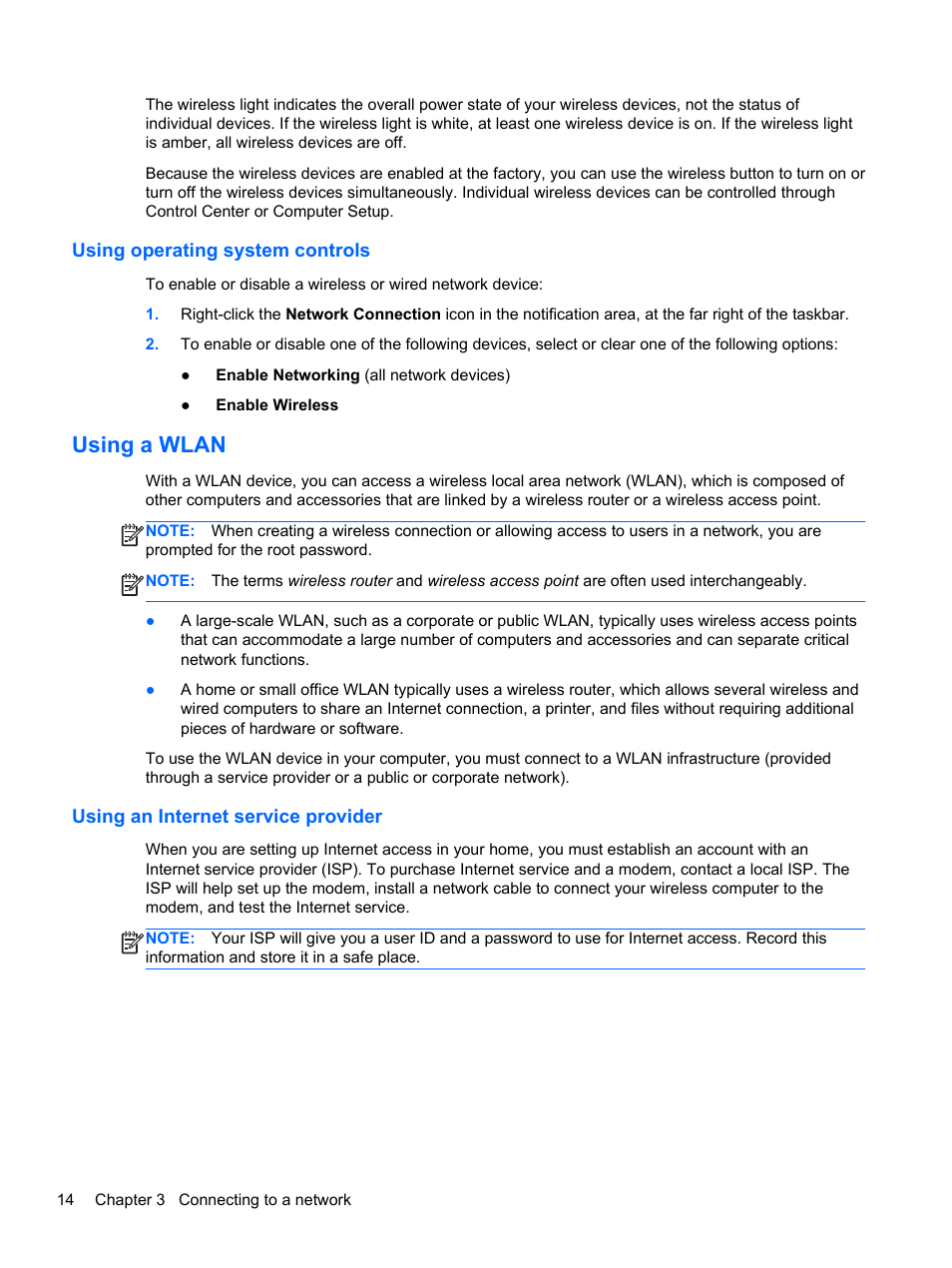 Using operating system controls, Using a wlan, Using an internet service provider | HP Pavilion g4-2149se Notebook PC User Manual | Page 24 / 81