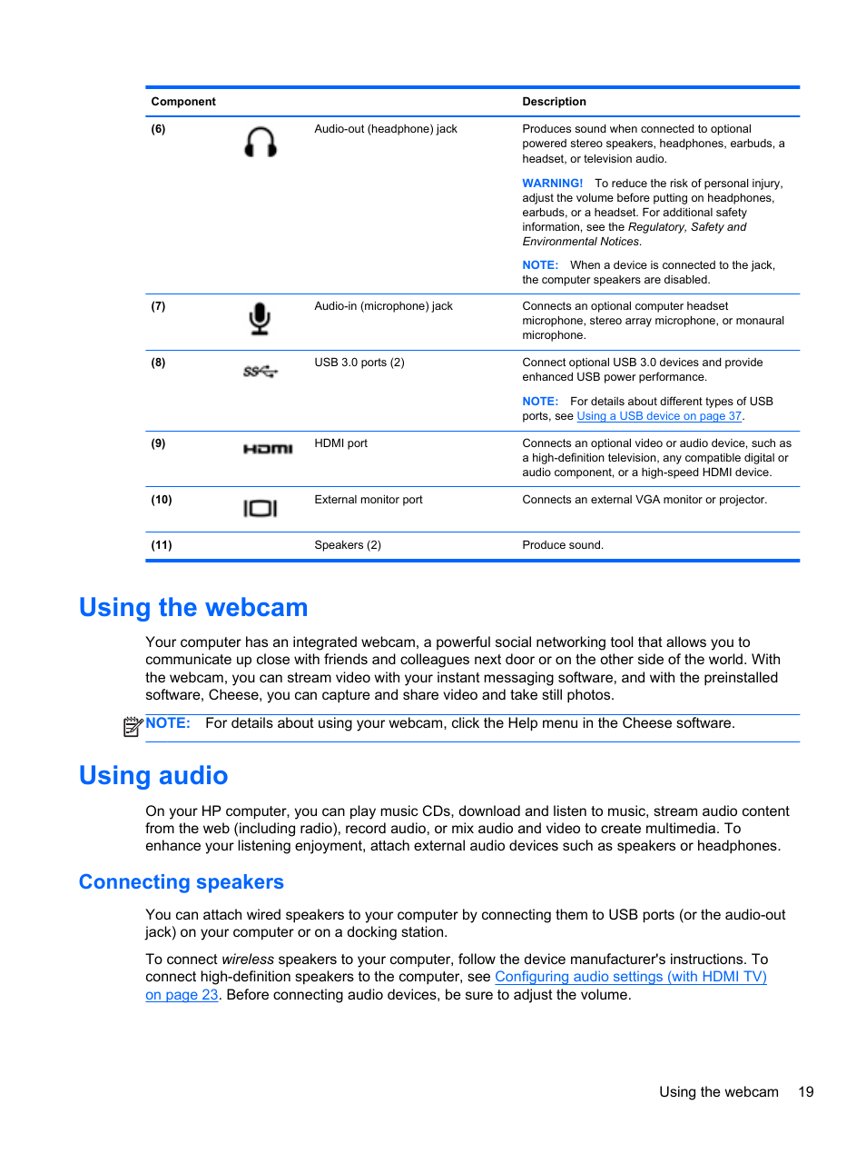 Using the webcam, Using audio, Connecting speakers | Using | HP Pavilion g4-2149se Notebook PC User Manual | Page 29 / 81