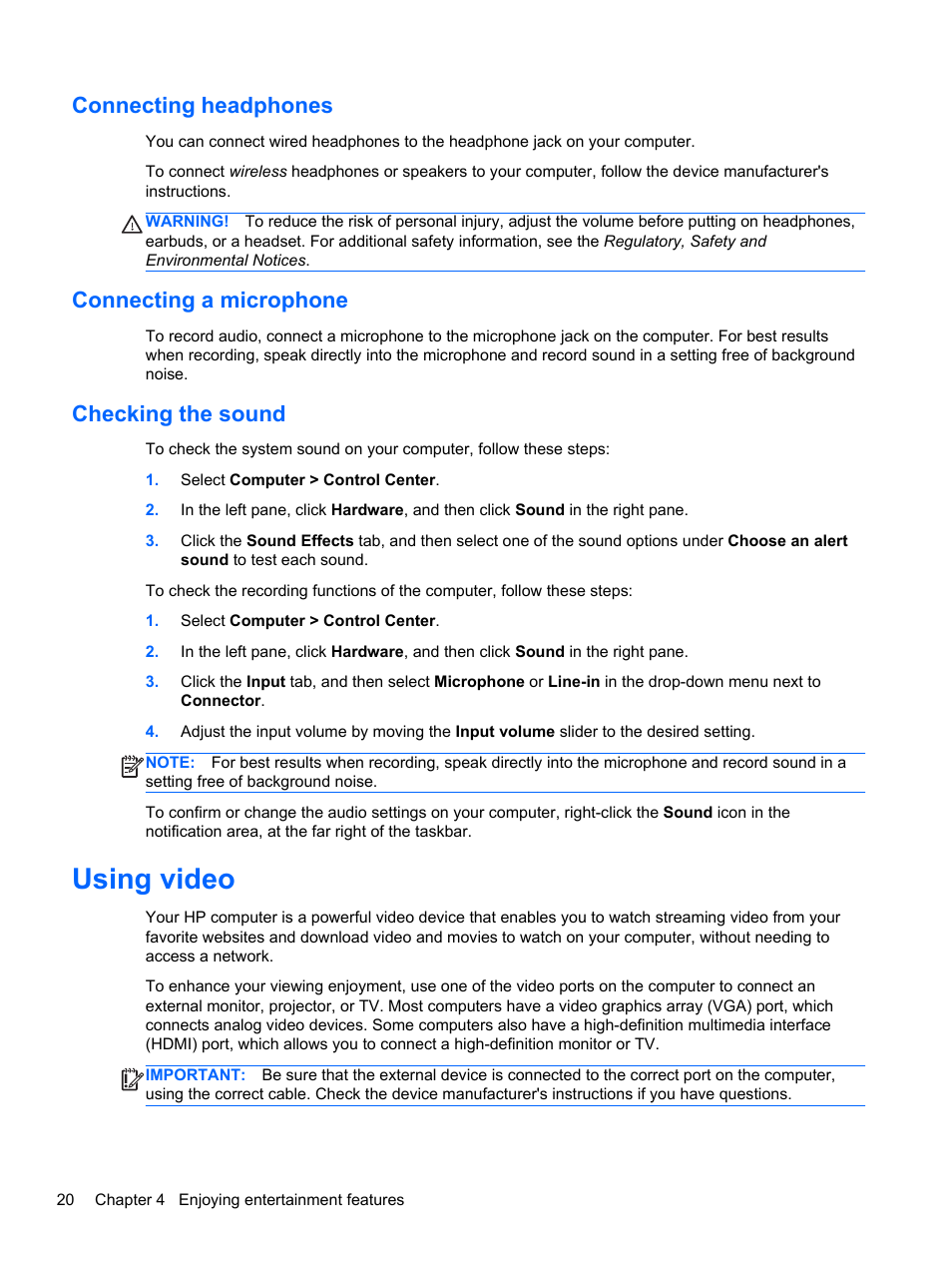 Connecting headphones, Connecting a microphone, Checking the sound | Using video | HP Pavilion g4-2149se Notebook PC User Manual | Page 30 / 81