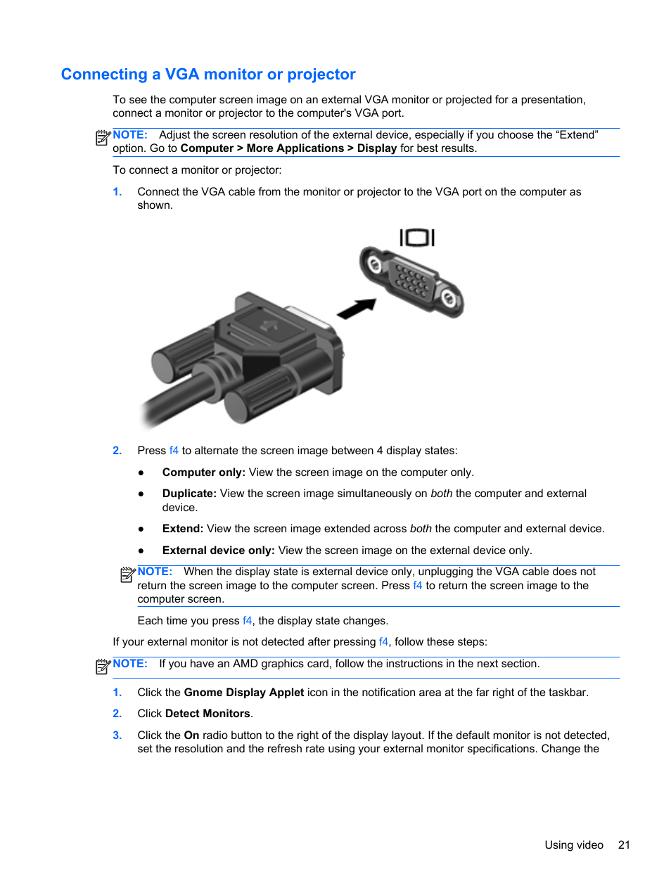 Connecting a vga monitor or projector, Connecting a vga monitor or | HP Pavilion g4-2149se Notebook PC User Manual | Page 31 / 81