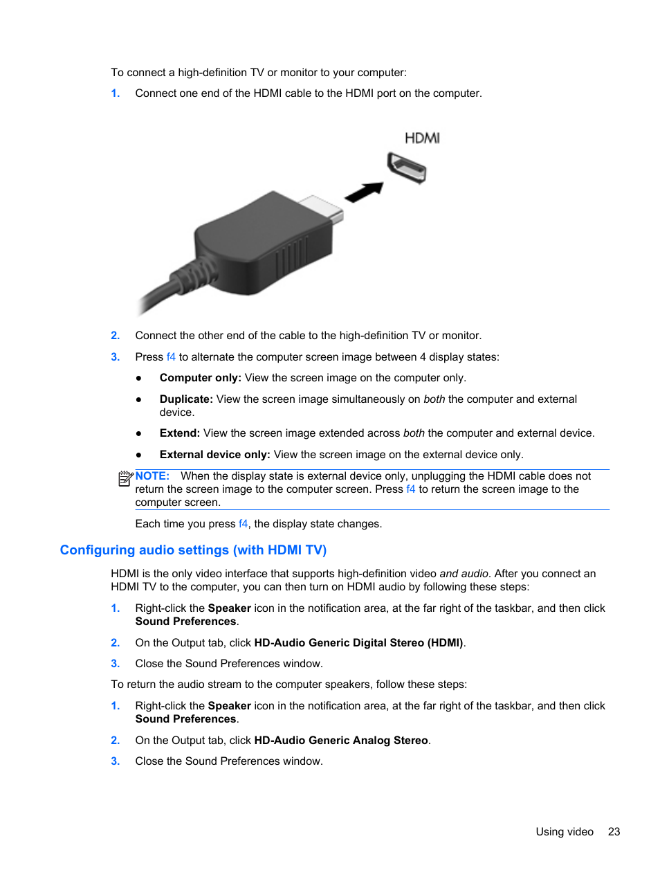 Configuring audio settings (with hdmi tv) | HP Pavilion g4-2149se Notebook PC User Manual | Page 33 / 81