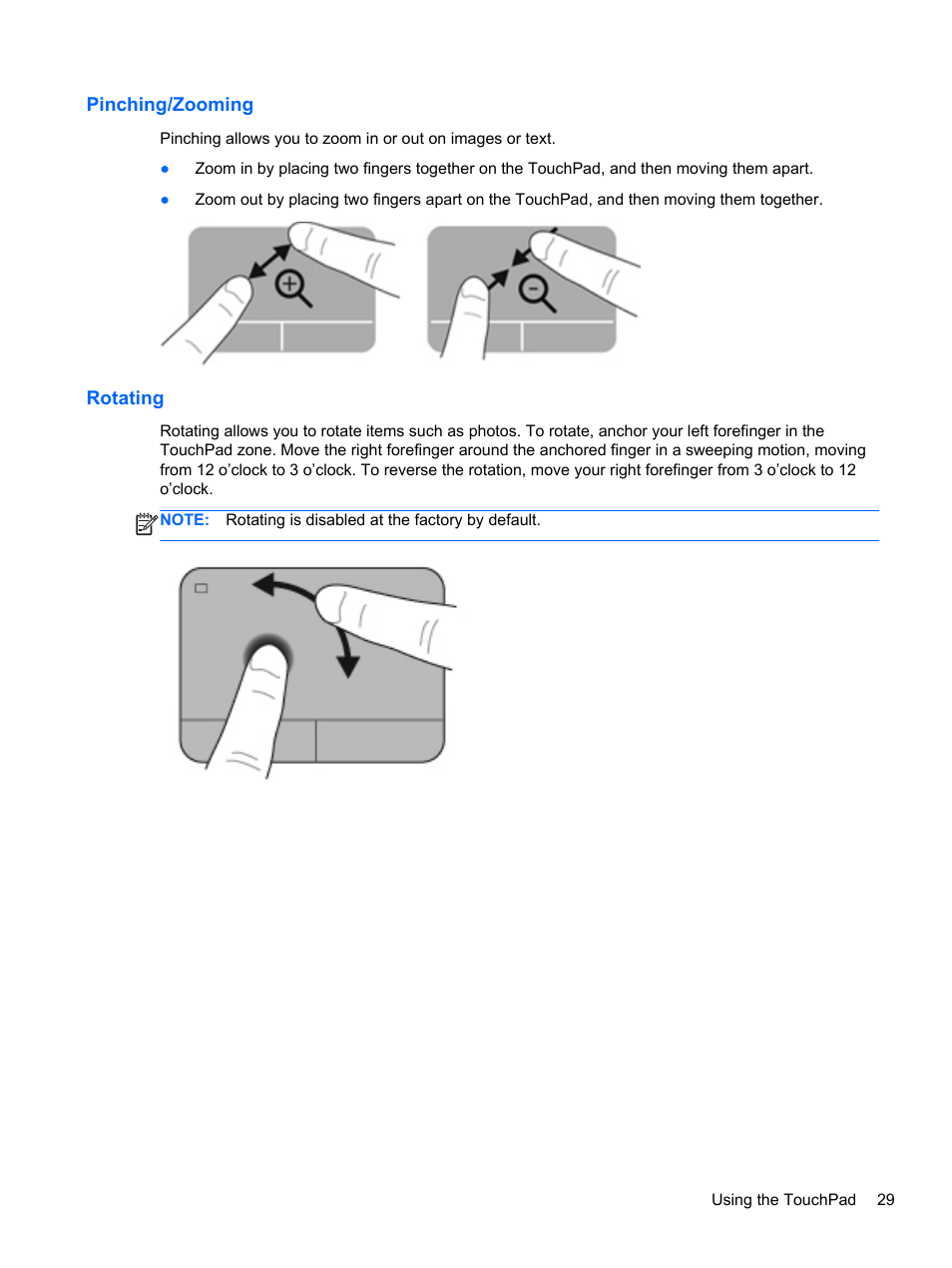 Pinching/zooming, Rotating, Pinching/zooming rotating | HP Pavilion g4-2149se Notebook PC User Manual | Page 39 / 81