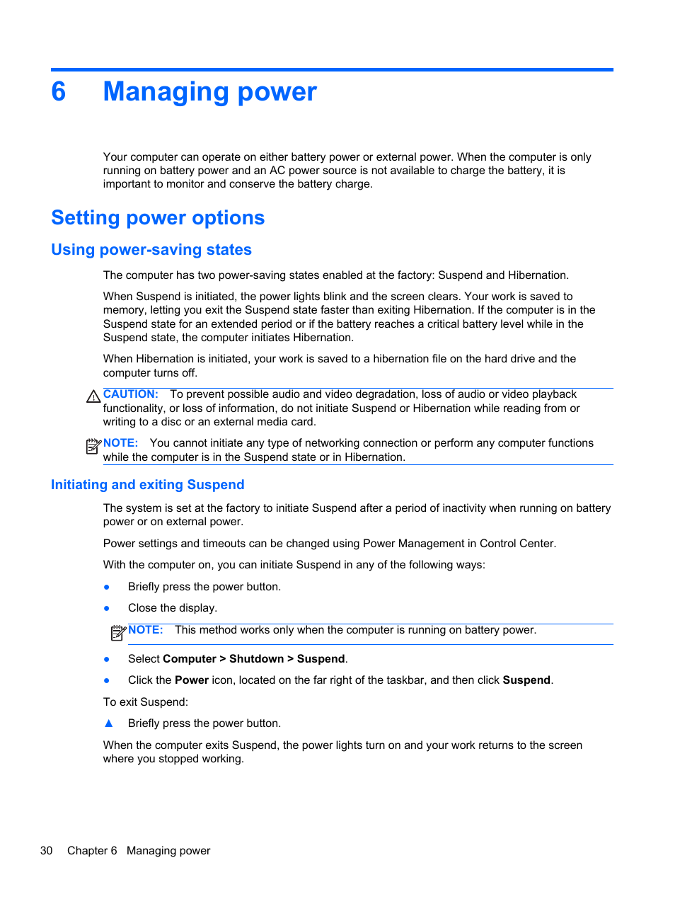Managing power, Setting power options, Using power-saving states | Initiating and exiting suspend, 6 managing power, 6managing power | HP Pavilion g4-2149se Notebook PC User Manual | Page 40 / 81