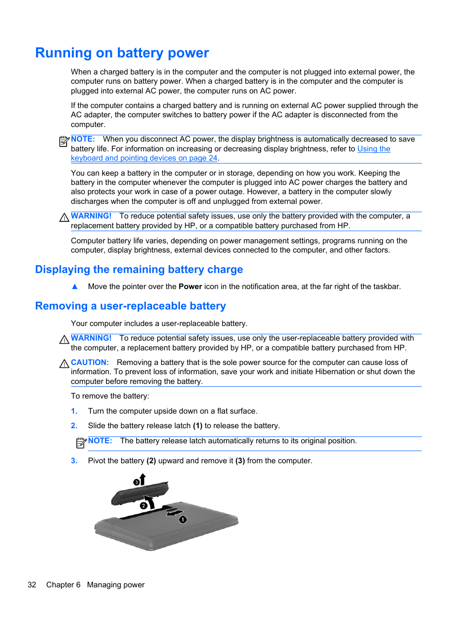Running on battery power, Displaying the remaining battery charge, Removing a user-replaceable battery | HP Pavilion g4-2149se Notebook PC User Manual | Page 42 / 81