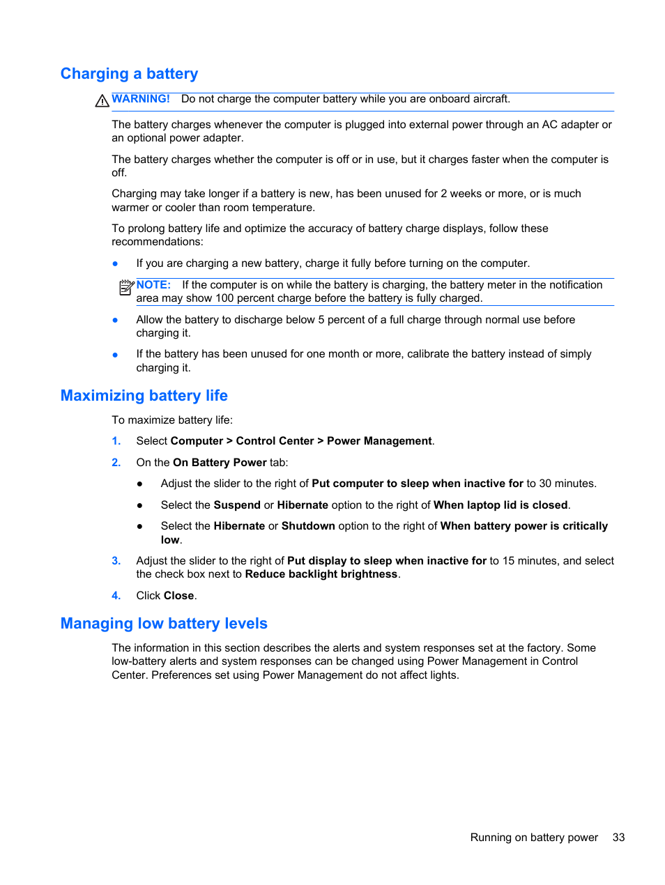 Charging a battery, Maximizing battery life, Managing low battery levels | HP Pavilion g4-2149se Notebook PC User Manual | Page 43 / 81