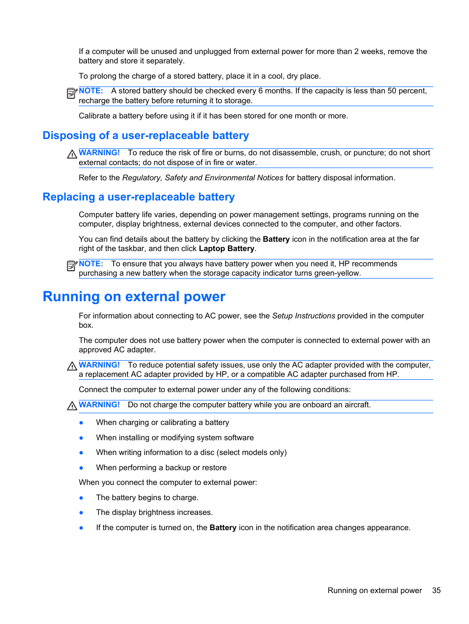 Disposing of a user-replaceable battery, Replacing a user-replaceable battery, Running on external power | HP Pavilion g4-2149se Notebook PC User Manual | Page 45 / 81