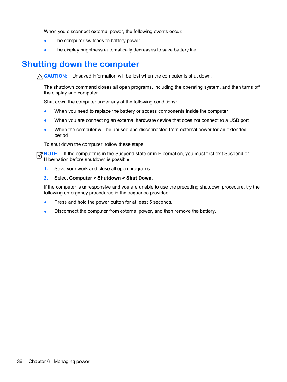 Shutting down the computer | HP Pavilion g4-2149se Notebook PC User Manual | Page 46 / 81