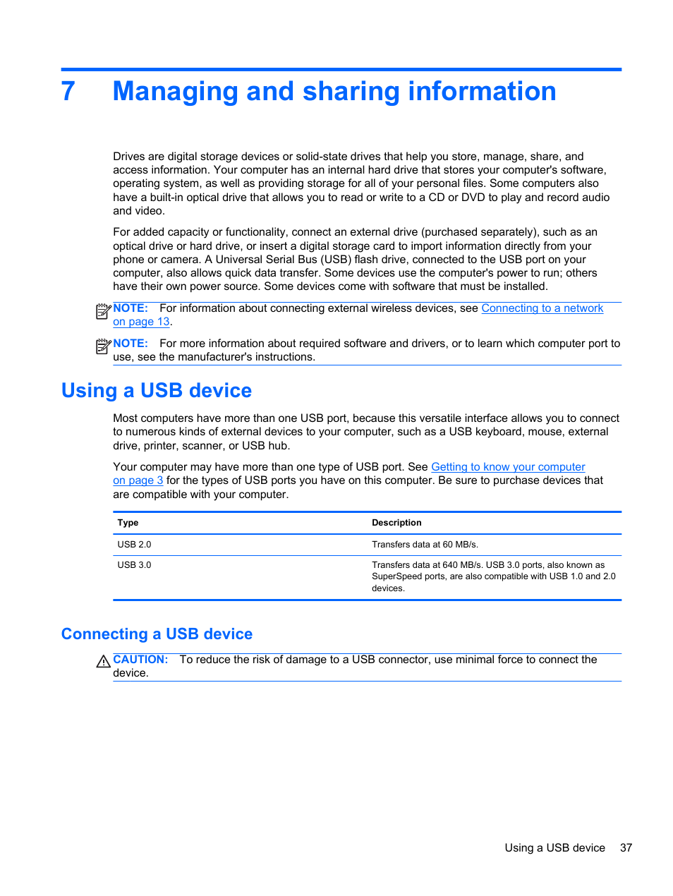 Managing and sharing information, Using a usb device, Connecting a usb device | 7 managing and sharing information, 7managing and sharing information | HP Pavilion g4-2149se Notebook PC User Manual | Page 47 / 81