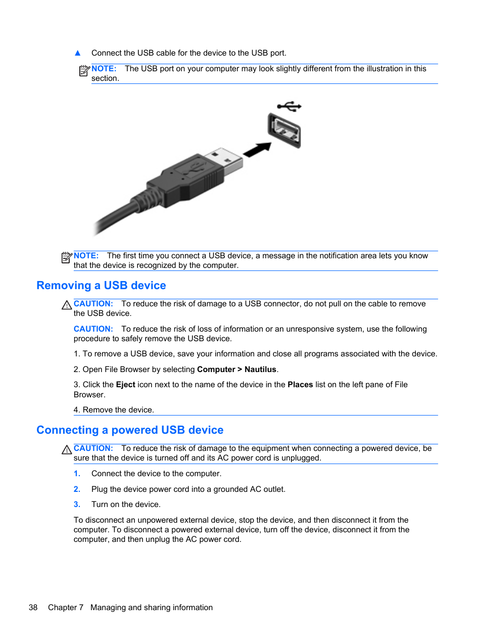 Removing a usb device, Connecting a powered usb device | HP Pavilion g4-2149se Notebook PC User Manual | Page 48 / 81