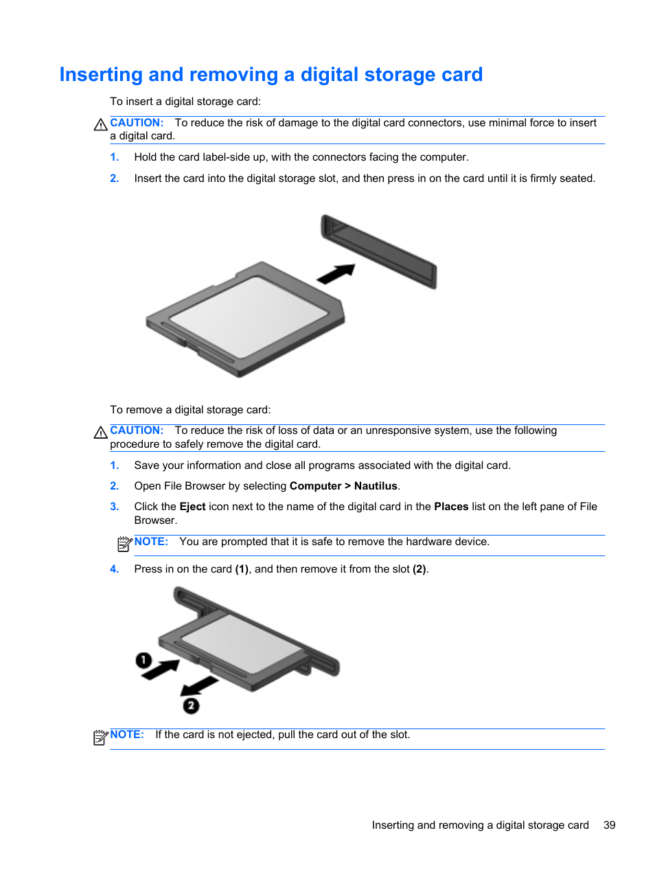 Inserting and removing a digital storage card | HP Pavilion g4-2149se Notebook PC User Manual | Page 49 / 81