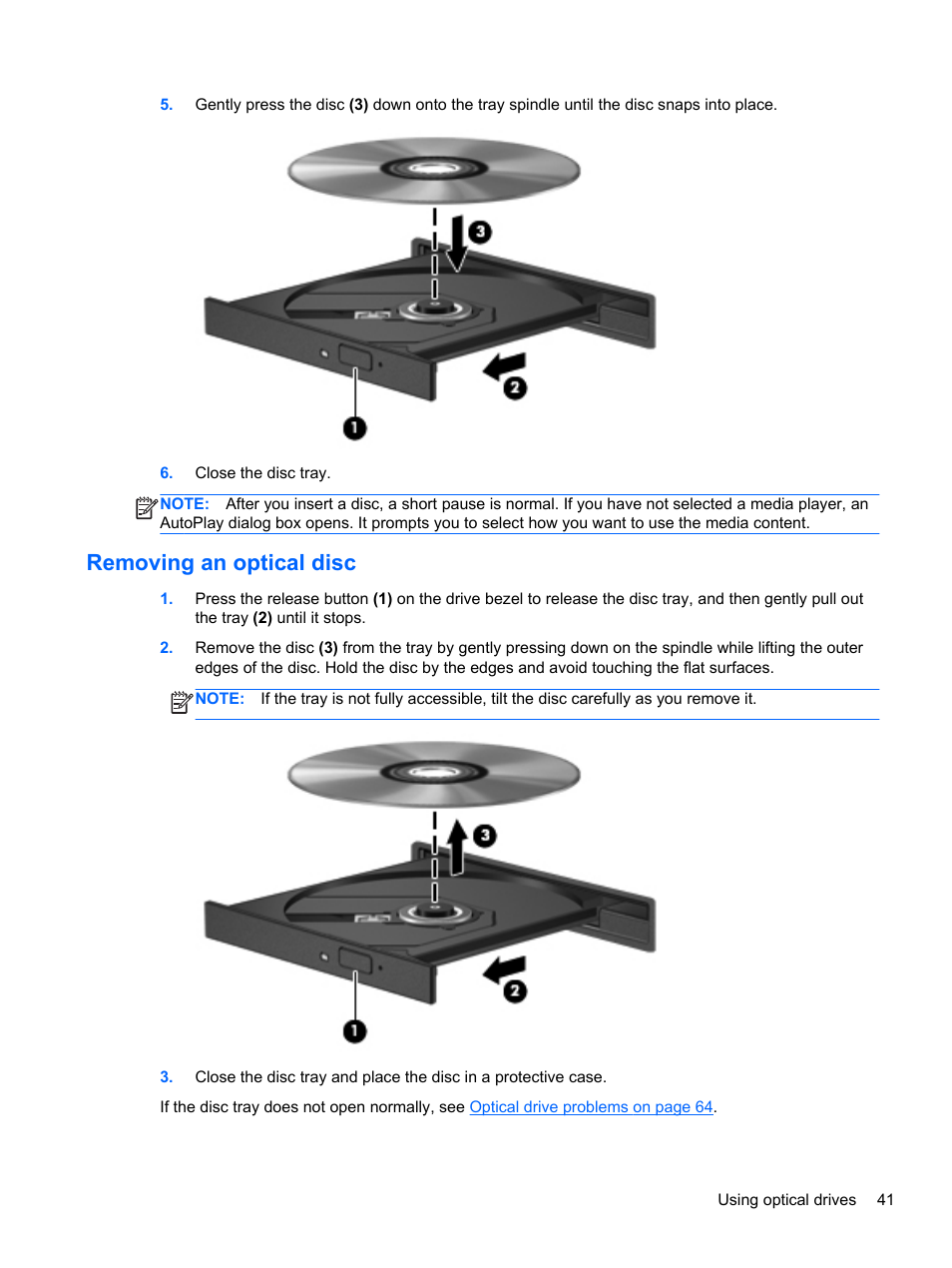 Removing an optical disc | HP Pavilion g4-2149se Notebook PC User Manual | Page 51 / 81