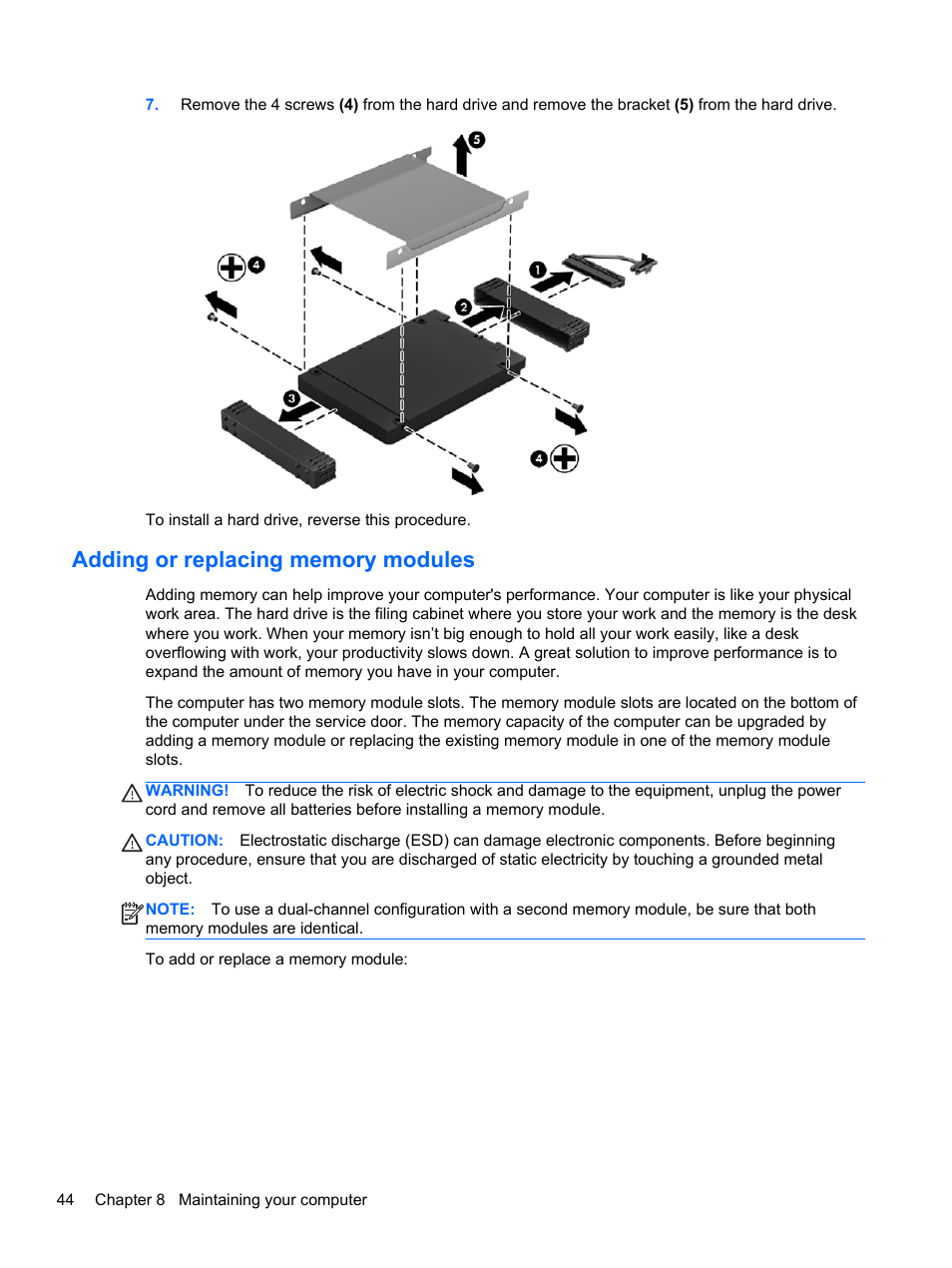 Adding or replacing memory modules | HP Pavilion g4-2149se Notebook PC User Manual | Page 54 / 81