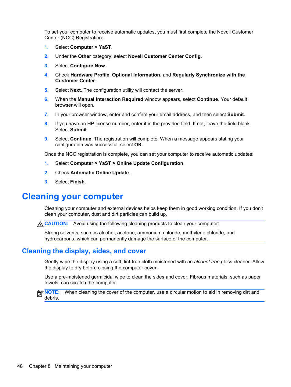Cleaning your computer, Cleaning the display, sides, and cover | HP Pavilion g4-2149se Notebook PC User Manual | Page 58 / 81