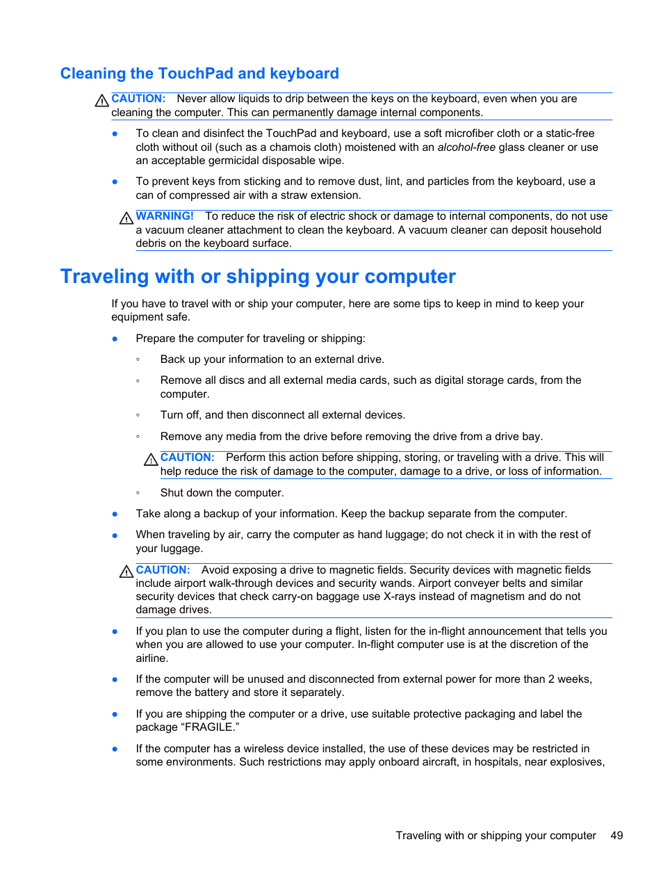 Cleaning the touchpad and keyboard, Traveling with or shipping your computer | HP Pavilion g4-2149se Notebook PC User Manual | Page 59 / 81