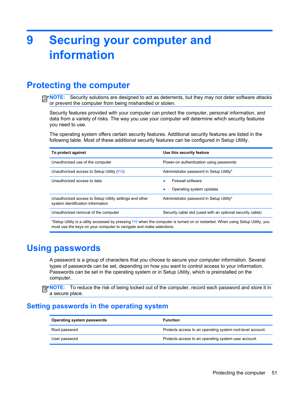 Securing your computer and information, Protecting the computer, Using passwords | Setting passwords in the operating system, 9 securing your computer and information, Protecting the computer using passwords, 9securing your computer and information | HP Pavilion g4-2149se Notebook PC User Manual | Page 61 / 81