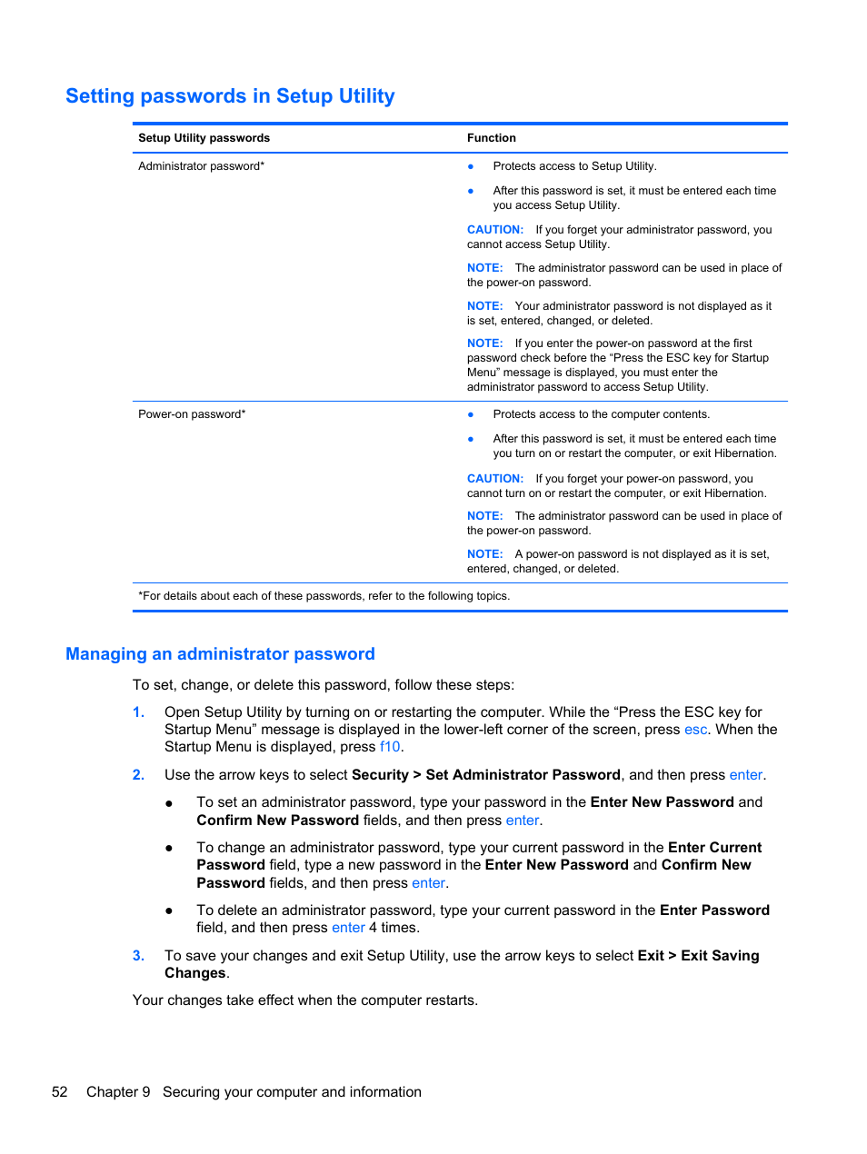 Setting passwords in setup utility, Managing an administrator password | HP Pavilion g4-2149se Notebook PC User Manual | Page 62 / 81
