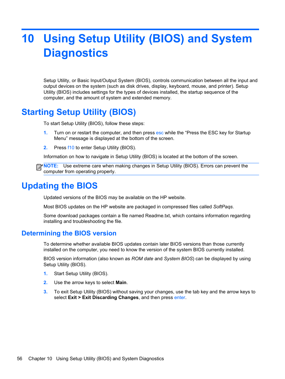 Using setup utility (bios) and system diagnostics, Starting setup utility (bios), Updating the bios | Determining the bios version, Starting setup utility (bios) updating the bios | HP Pavilion g4-2149se Notebook PC User Manual | Page 66 / 81