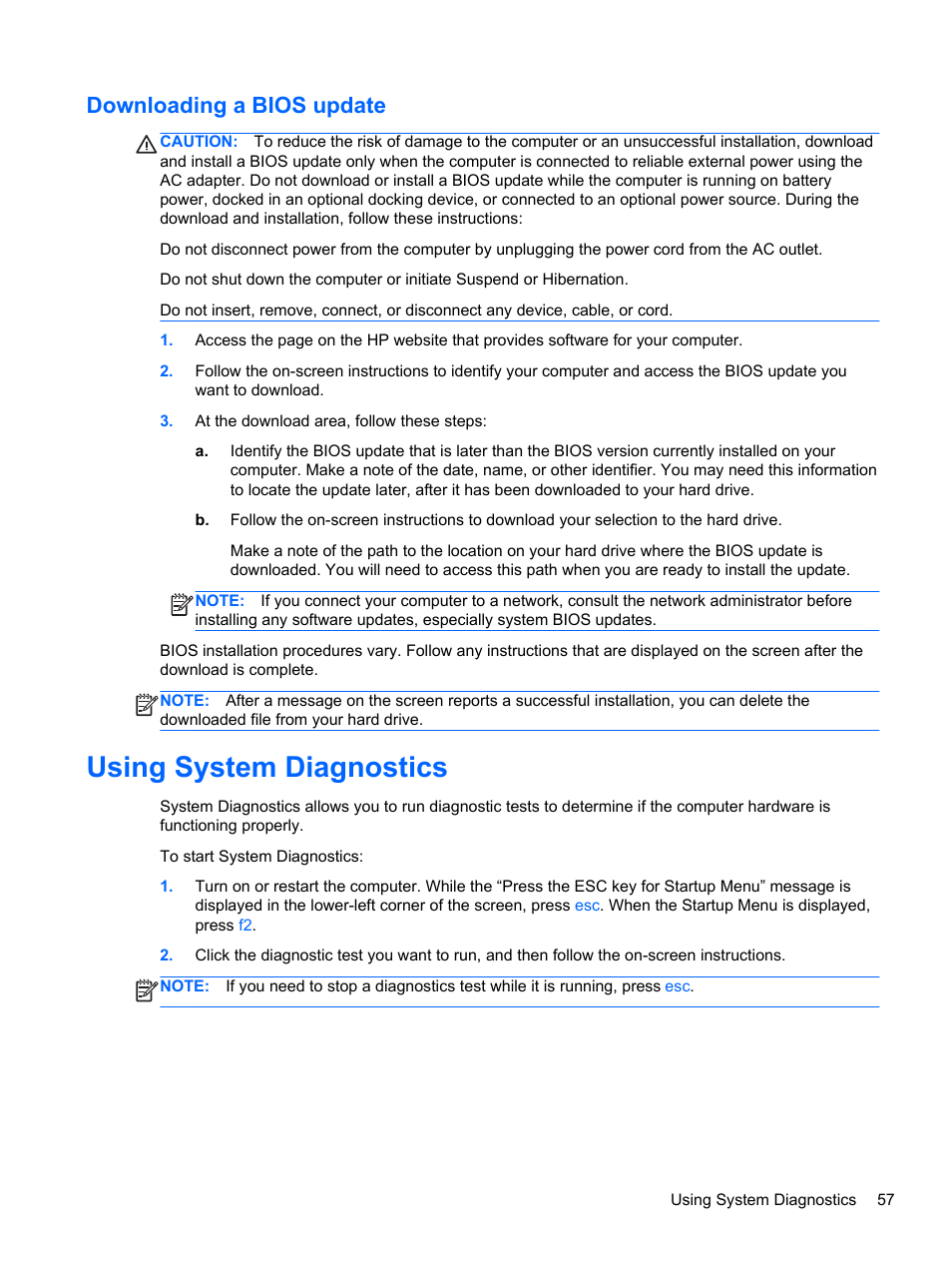 Downloading a bios update, Using system diagnostics | HP Pavilion g4-2149se Notebook PC User Manual | Page 67 / 81