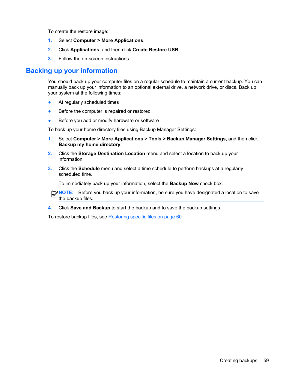 Backing up your information | HP Pavilion g4-2149se Notebook PC User Manual | Page 69 / 81