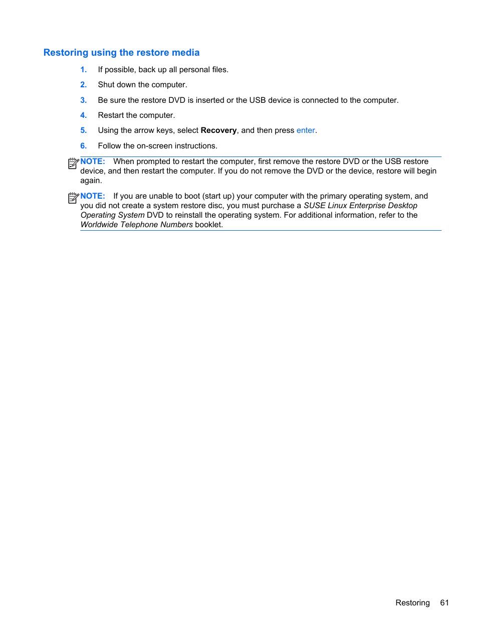 Restoring using the restore media | HP Pavilion g4-2149se Notebook PC User Manual | Page 71 / 81