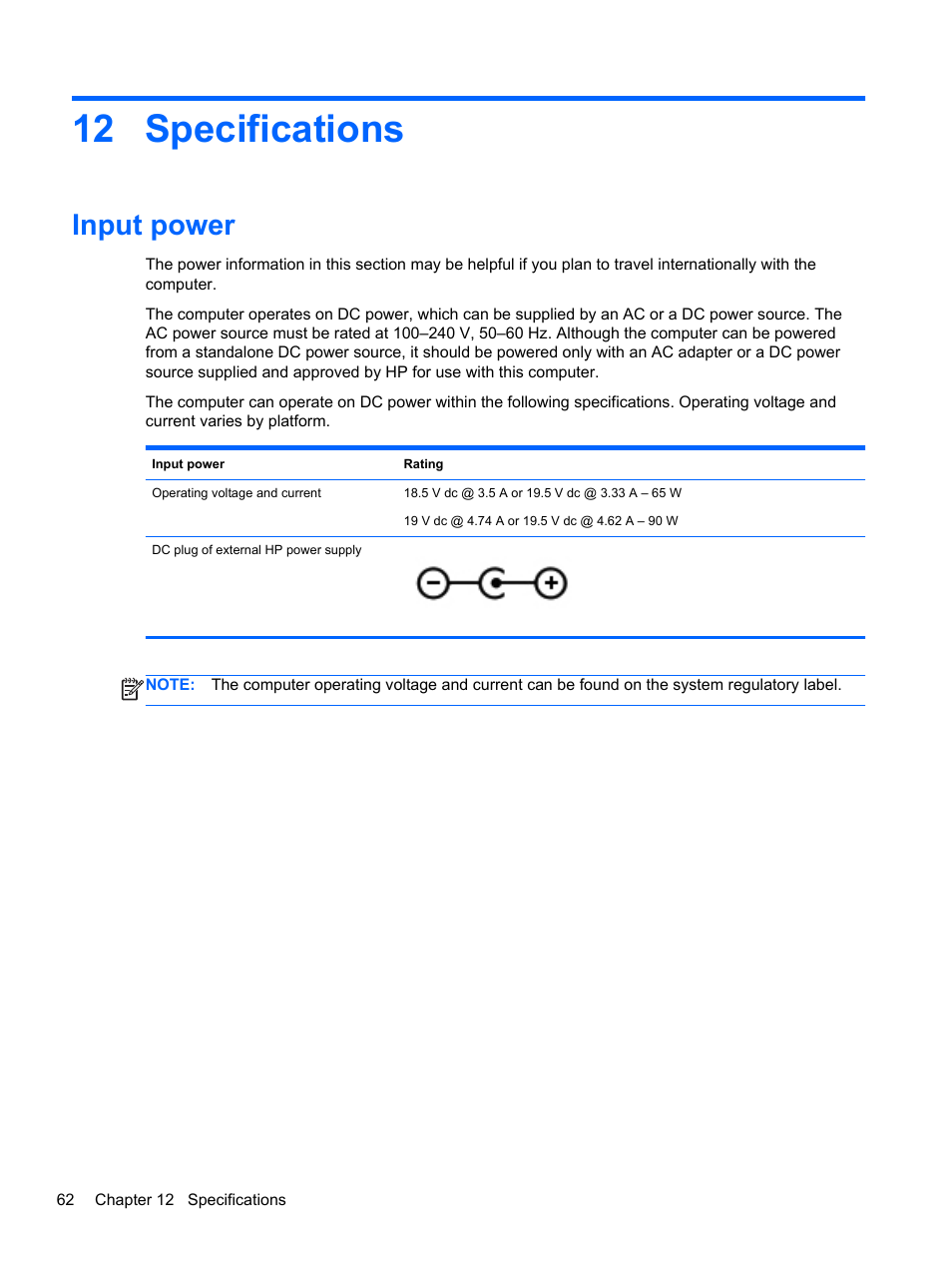 Specifications, Input power, 12 specifications | HP Pavilion g4-2149se Notebook PC User Manual | Page 72 / 81