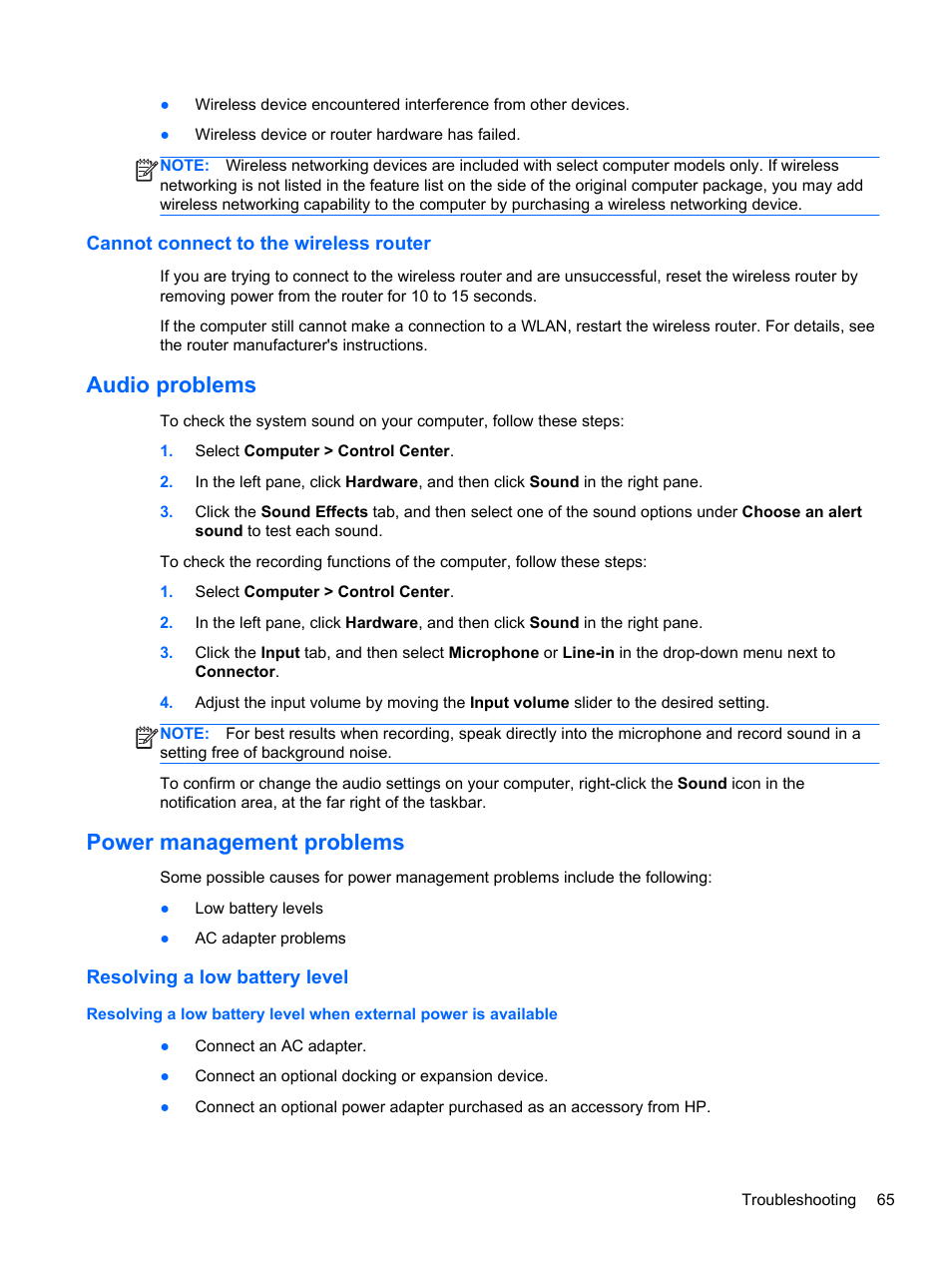 Cannot connect to the wireless router, Audio problems, Power management problems | Resolving a low battery level, Audio problems power management problems | HP Pavilion g4-2149se Notebook PC User Manual | Page 75 / 81