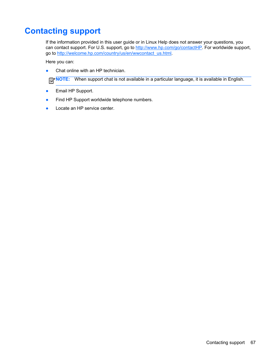 Contacting support | HP Pavilion g4-2149se Notebook PC User Manual | Page 77 / 81