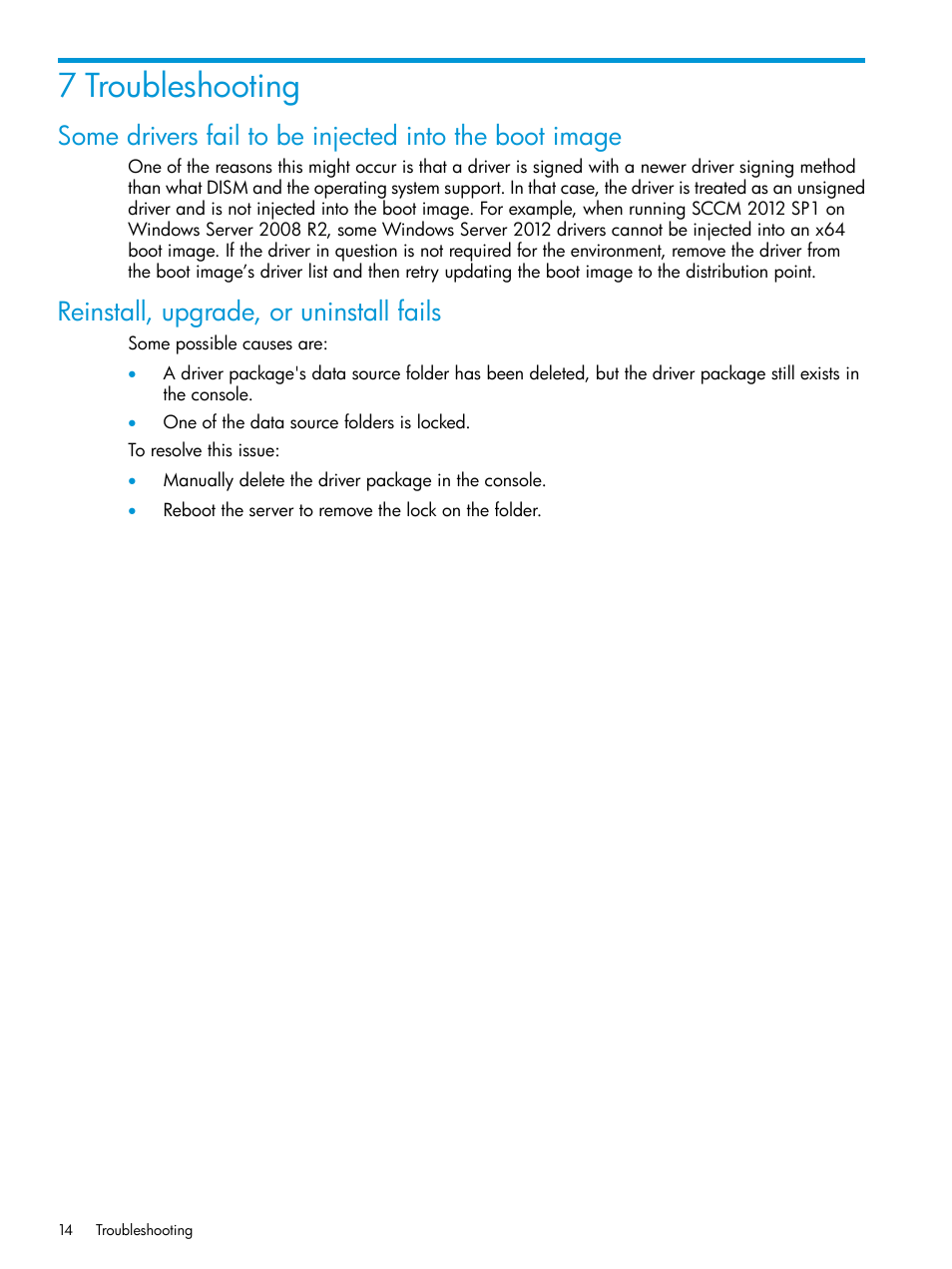 7 troubleshooting, Reinstall, upgrade, or uninstall fails | HP OneView for Microsoft System Center User Manual | Page 14 / 22