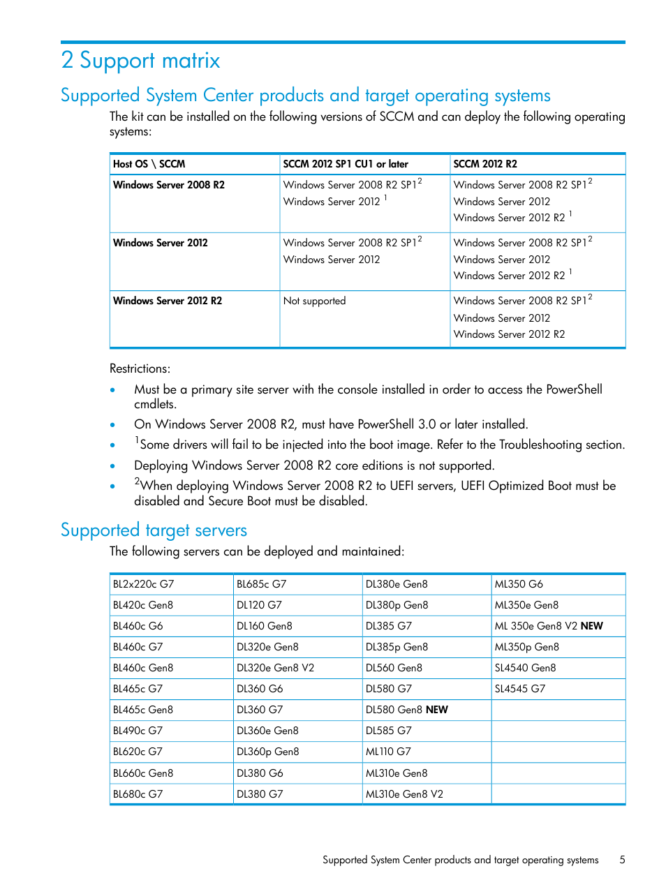 2 support matrix, Supported target servers | HP OneView for Microsoft System Center User Manual | Page 5 / 22