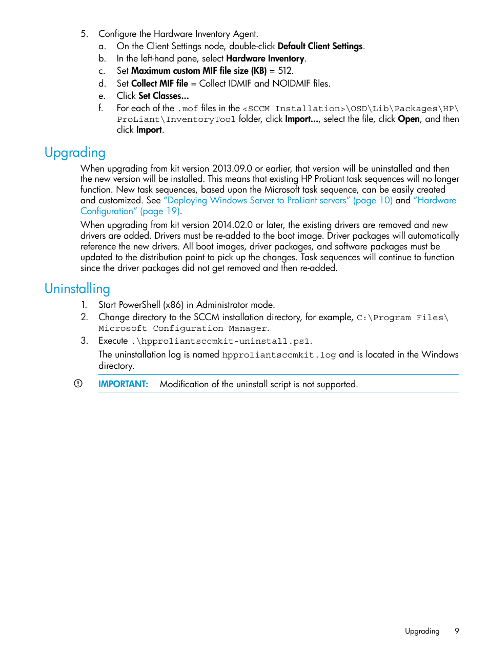 Upgrading, Uninstalling, Upgrading uninstalling | HP OneView for Microsoft System Center User Manual | Page 9 / 22