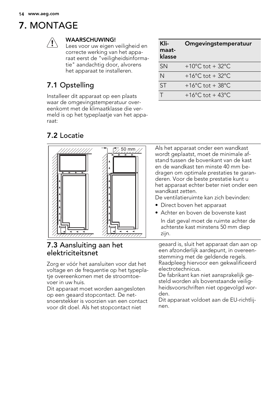 Montage, 1 opstelling, 2 locatie | 3 aansluiting aan het elektriciteitsnet | AEG A92708GNW0 User Manual | Page 14 / 76