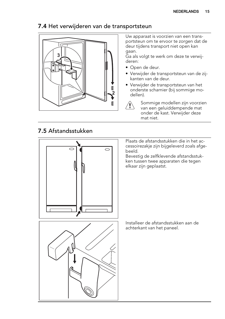 4 het verwijderen van de transportsteun, 5 afstandsstukken | AEG A92708GNW0 User Manual | Page 15 / 76