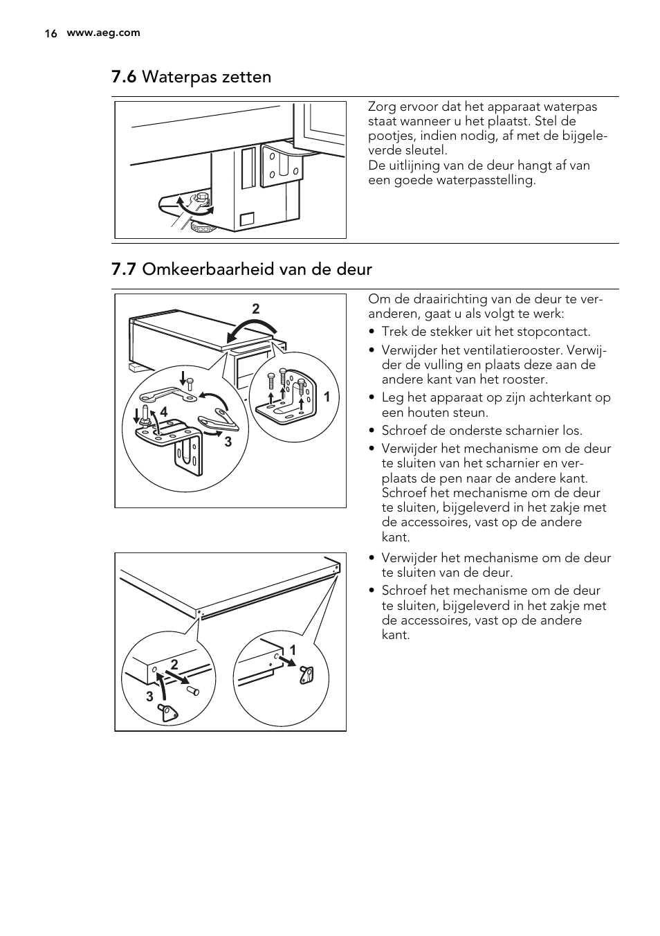 6 waterpas zetten, 7 omkeerbaarheid van de deur | AEG A92708GNW0 User Manual | Page 16 / 76