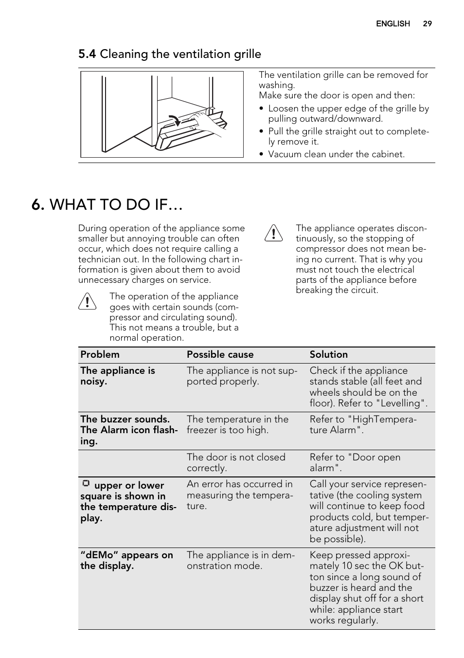 What to do if, 4 cleaning the ventilation grille | AEG A92708GNW0 User Manual | Page 29 / 76