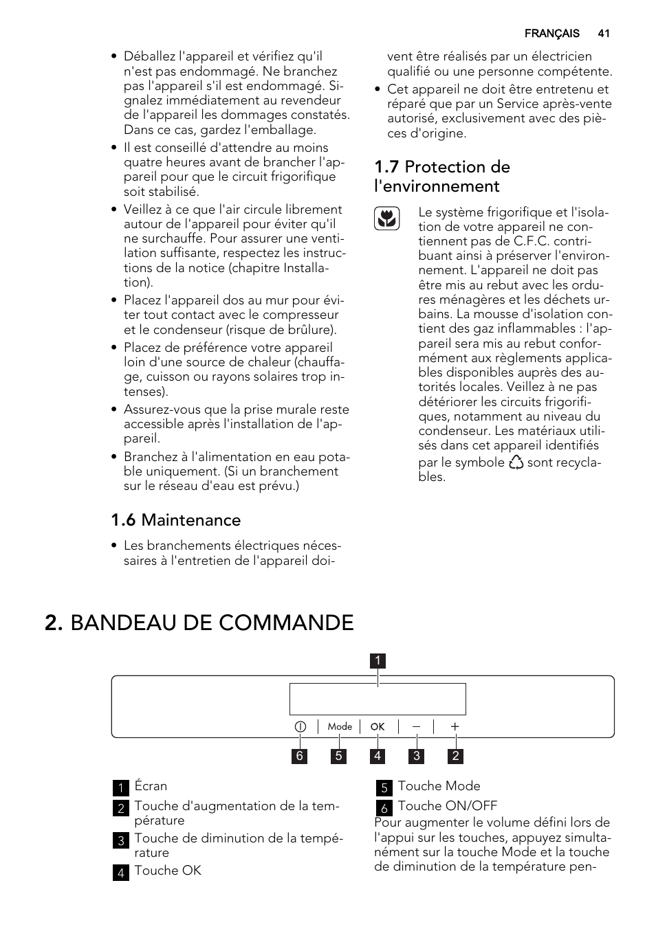 Bandeau de commande, 6 maintenance, 7 protection de l'environnement | AEG A92708GNW0 User Manual | Page 41 / 76