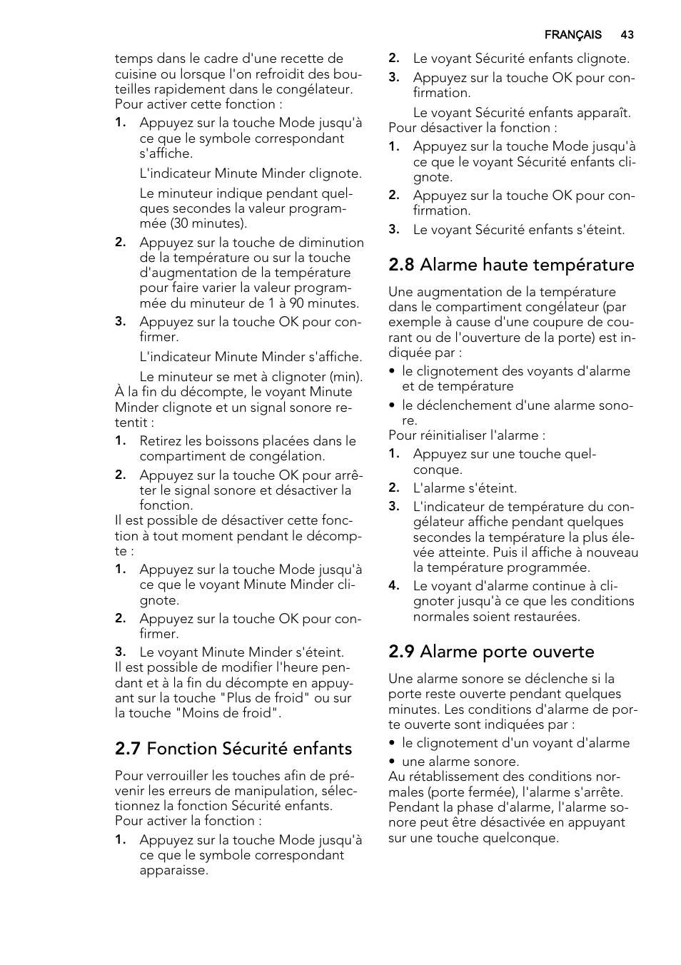 7 fonction sécurité enfants, 8 alarme haute température, 9 alarme porte ouverte | AEG A92708GNW0 User Manual | Page 43 / 76